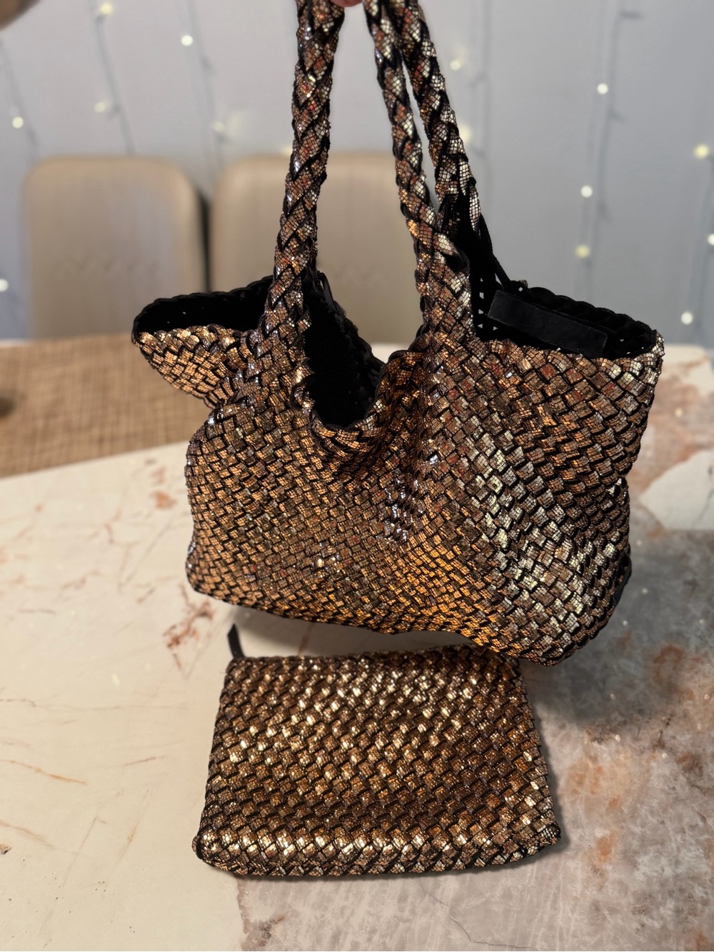 NAGHEDI Metallic Bronze Woven Tote Bag & Matching Zip Pouch Set - Picture 3 of 17